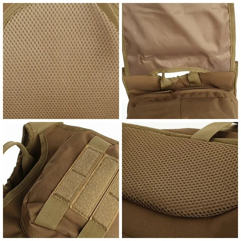 Collage of a brown tactical vest with close-up details on texture and design.