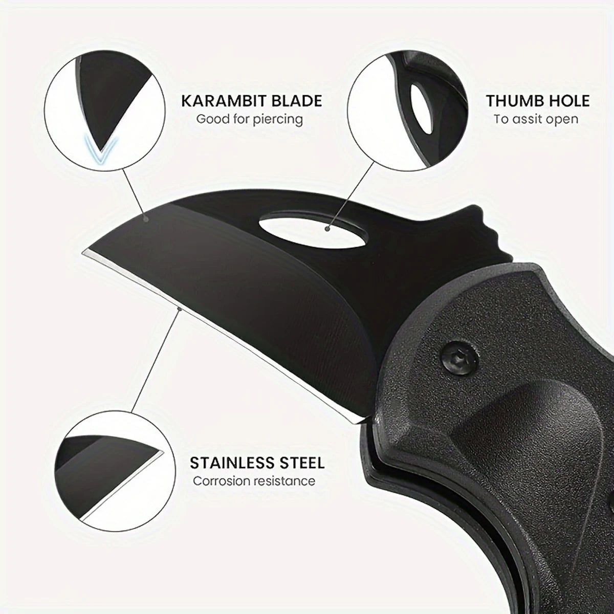 Folding knife with labeled features on a white background