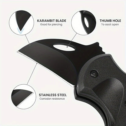 Folding knife with labeled features on a white background