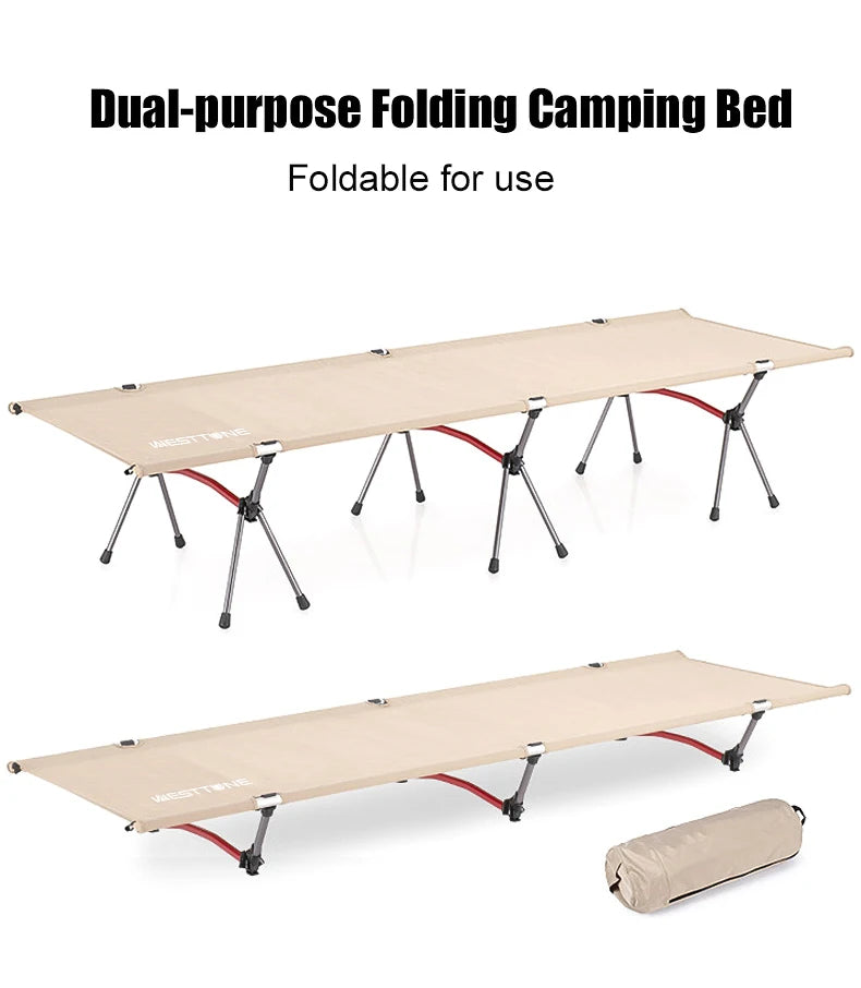 Beige dual-purpose folding camping bed with legs on a white background