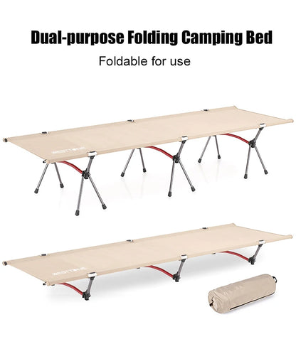 Beige dual-purpose folding camping bed with legs on a white background