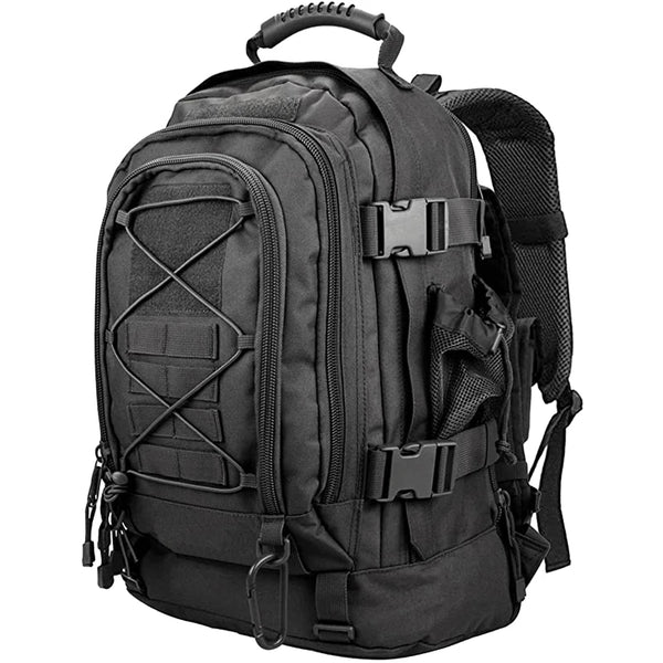 Black tactical backpack on a white background