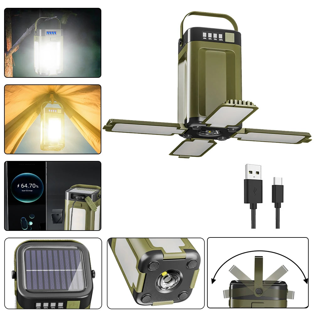 Collage of a portable solar light with multiple views and accessories on a white background.