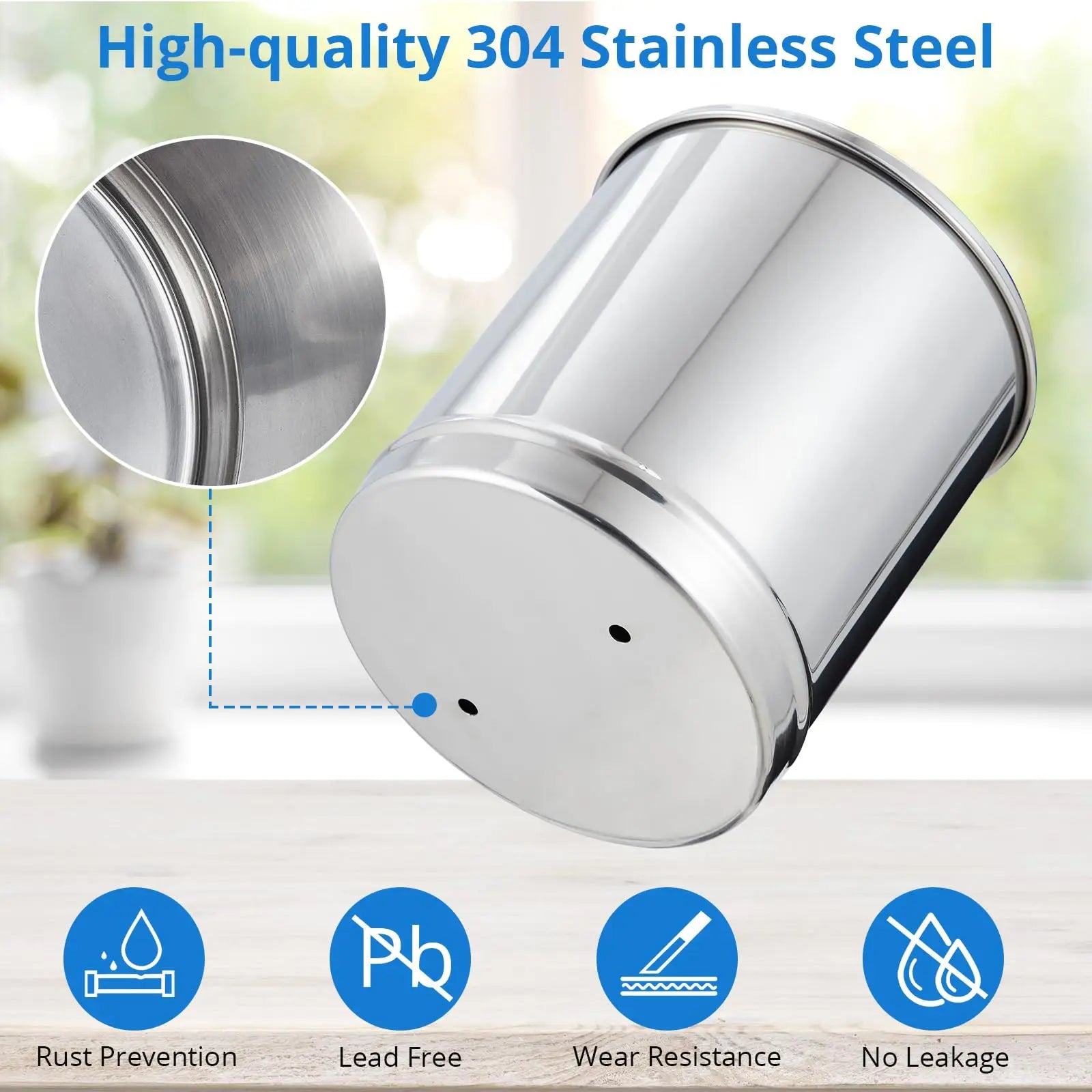 Chrome kitchen sink drain with high-quality 304 stainless steel, featuring rust prevention, lead-free, wear resistance, and no leakage icons.