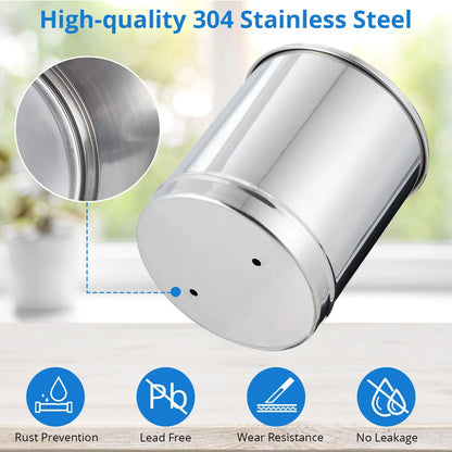 Chrome kitchen sink drain with high-quality 304 stainless steel, featuring rust prevention, lead-free, wear resistance, and no leakage icons.
