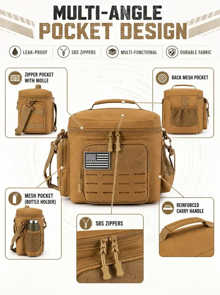A tan tactical cooler bag shown on a white infographic background with callout labels for multi-angle pocket design, zipper pocket with molle, back mesh pocket, mesh pocket bottle holder, SBS zippers, and reinforced carry handle.