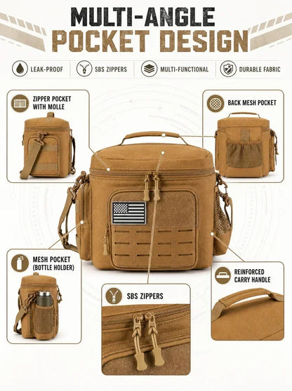 A tan tactical cooler bag shown on a white infographic background with callout labels for multi-angle pocket design, zipper pocket with molle, back mesh pocket, mesh pocket bottle holder, SBS zippers, and reinforced carry handle.