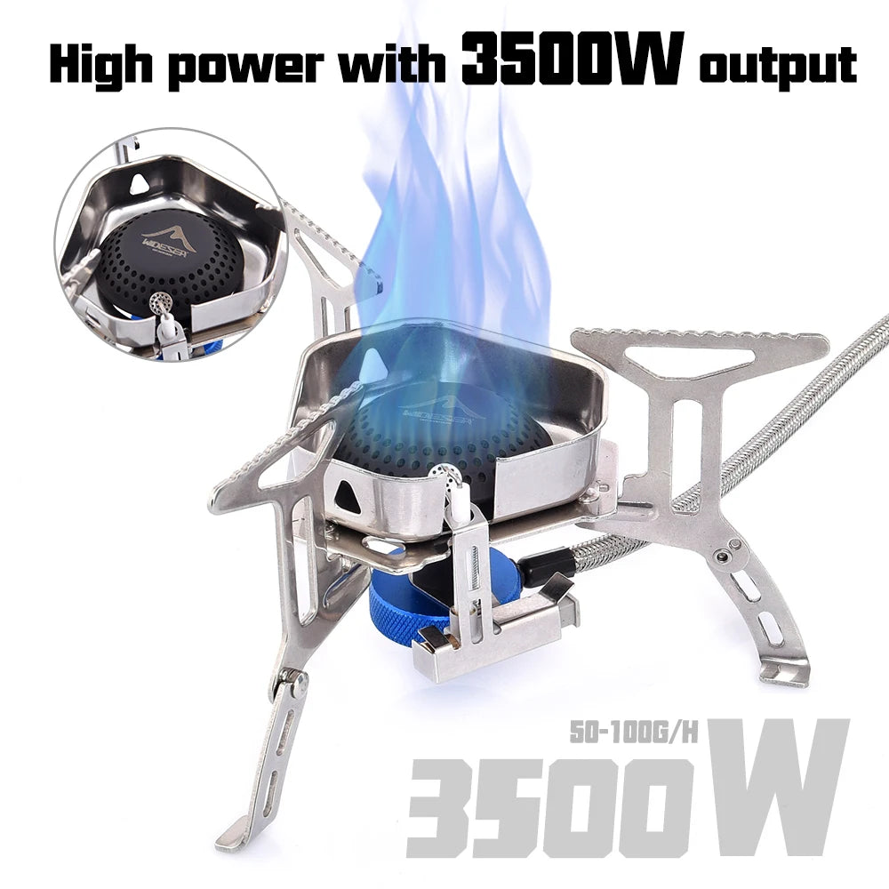 A portable folding gas stove shown on a white background with blue flame graphics and text reading 'High power with 3500W output' and '3500W'. A circular inset shows the burner head detail.