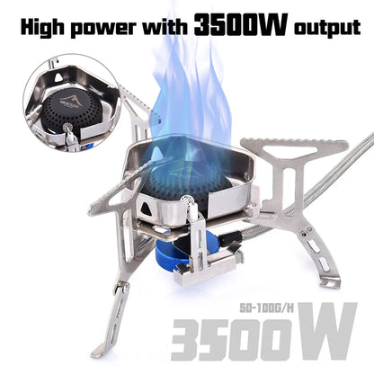 A portable folding gas stove shown on a white background with blue flame graphics and text reading 'High power with 3500W output' and '3500W'. A circular inset shows the burner head detail.