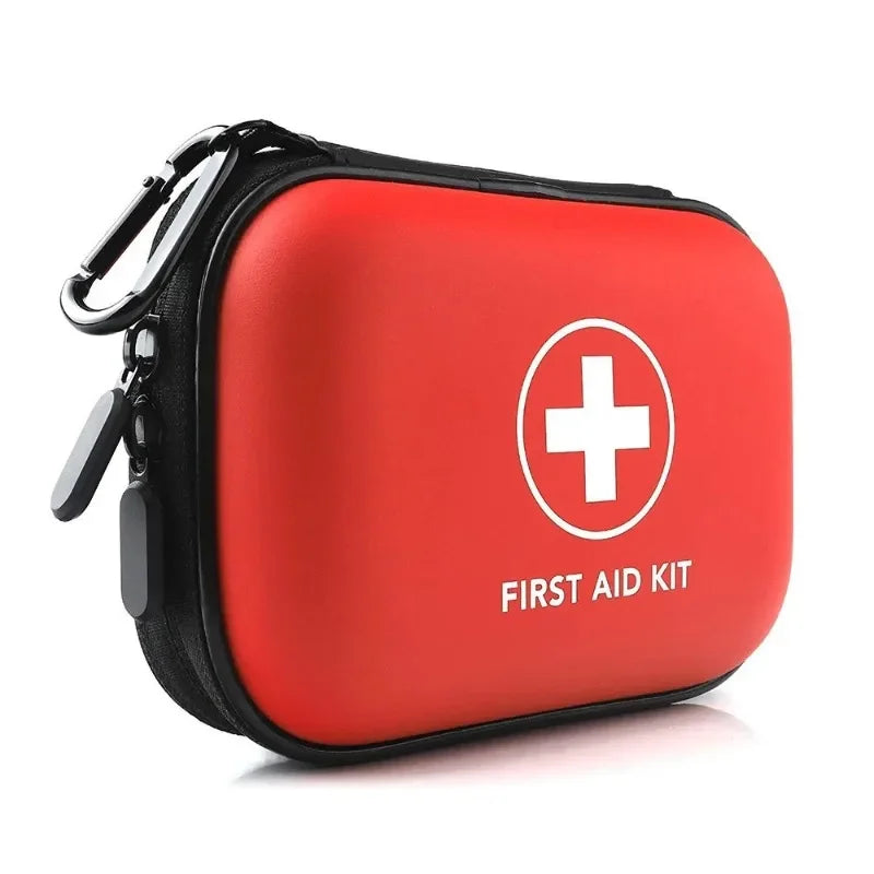 Red first aid kit with a white cross symbol on a white background