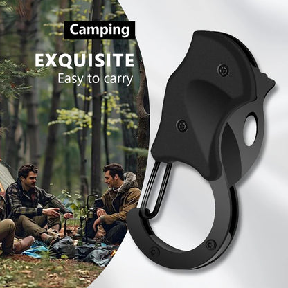 Black carabiner with camping scene in the background