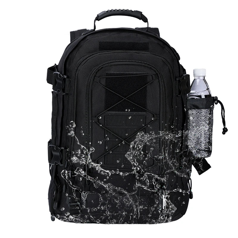 Black camouflage backpack with water bottle holder on a white background