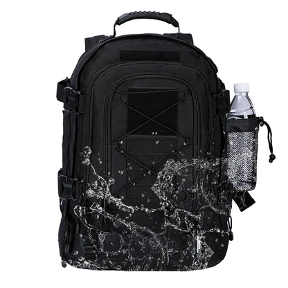 Black camouflage backpack with water bottle holder on a white background