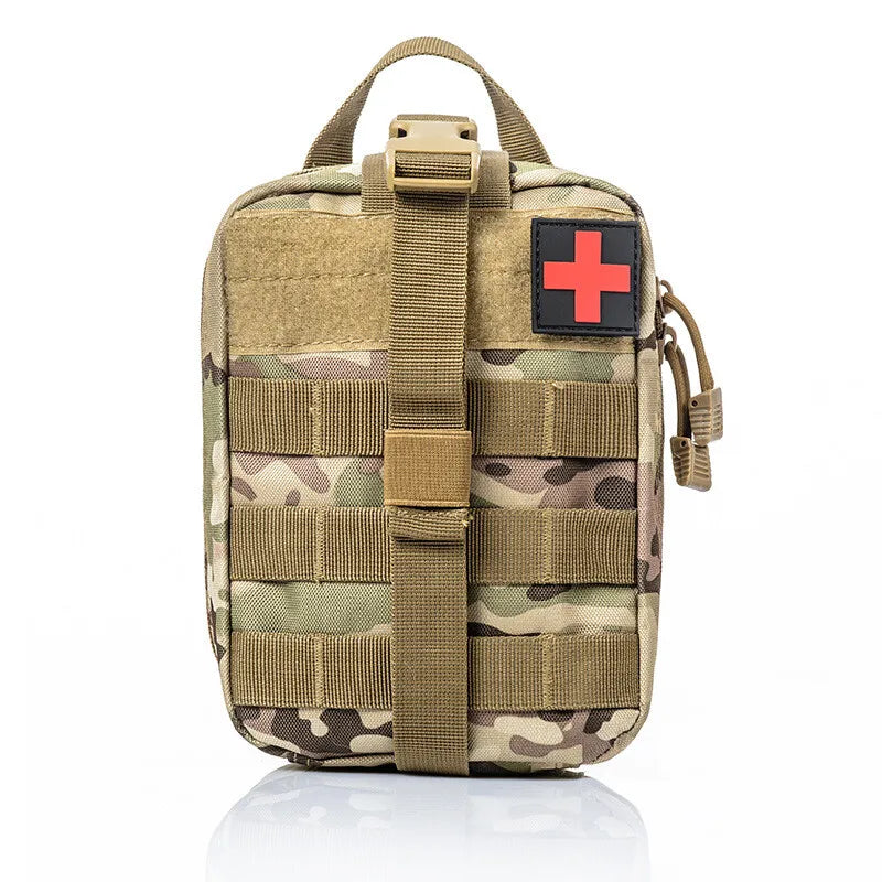 Camouflage medical pouch with a red cross patch on a white background