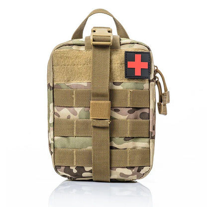 Camouflage medical pouch with a red cross patch on a white background