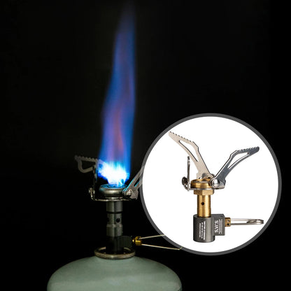 Gas stove with blue flame and close-up of the stove's mechanism on a black background