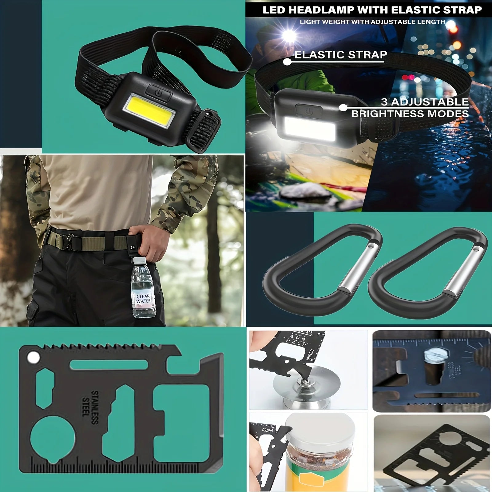 Collage of outdoor and survival gear including a headlamp, carabiner, and multitool.