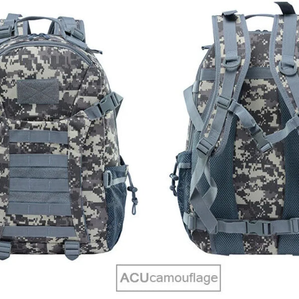 Two camouflage backpacks with ACU camouflage pattern on a white background