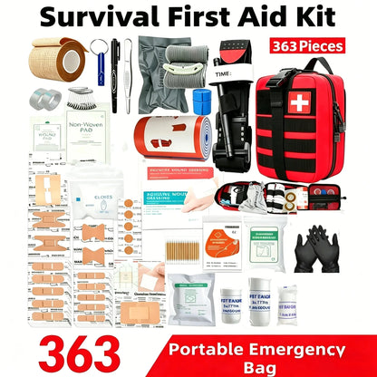 A survival first aid kit emergency bag set containing 363 pieces, including a red and black first aid pouch, tourniquet, wound closure tools, bandages, gloves, and other emergency medical supplies, displayed on a white background with promotional text overlays.