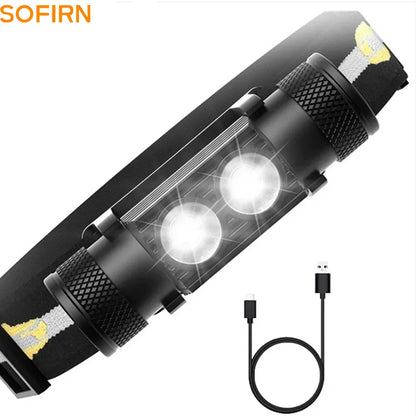 Headlamp with two LED lights and USB cable on a white background, featuring the brand 'SOFIRN'.