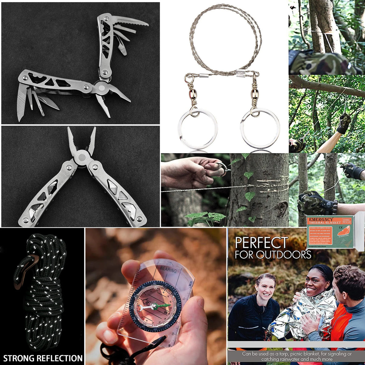 Collage of outdoor survival tools and gear with people in a forest setting.