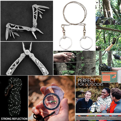 Collage of outdoor survival tools and gear with people in a forest setting.