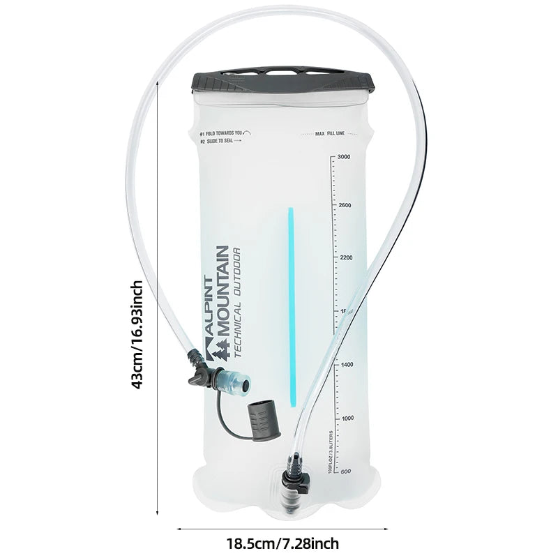 A clear plastic water bladder with a black cap and attached clear drinking tube, shown on a white background with dimension labels indicating 43 cm height and 18.5 cm width.