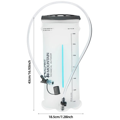 A clear plastic water bladder with a black cap and attached clear drinking tube, shown on a white background with dimension labels indicating 43 cm height and 18.5 cm width.