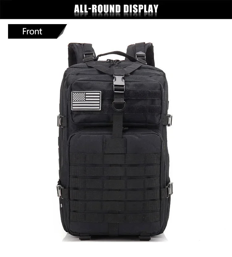 Black tactical backpack with American flag patch on a white background