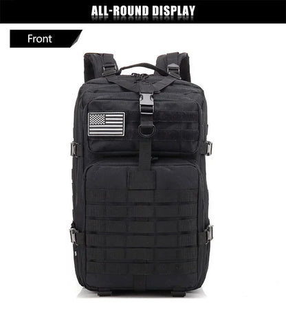 Black tactical backpack with American flag patch on a white background