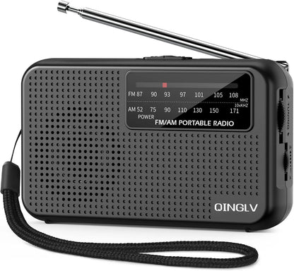 Black portable radio with antenna on a white background, featuring the brand 'QINGLV'.