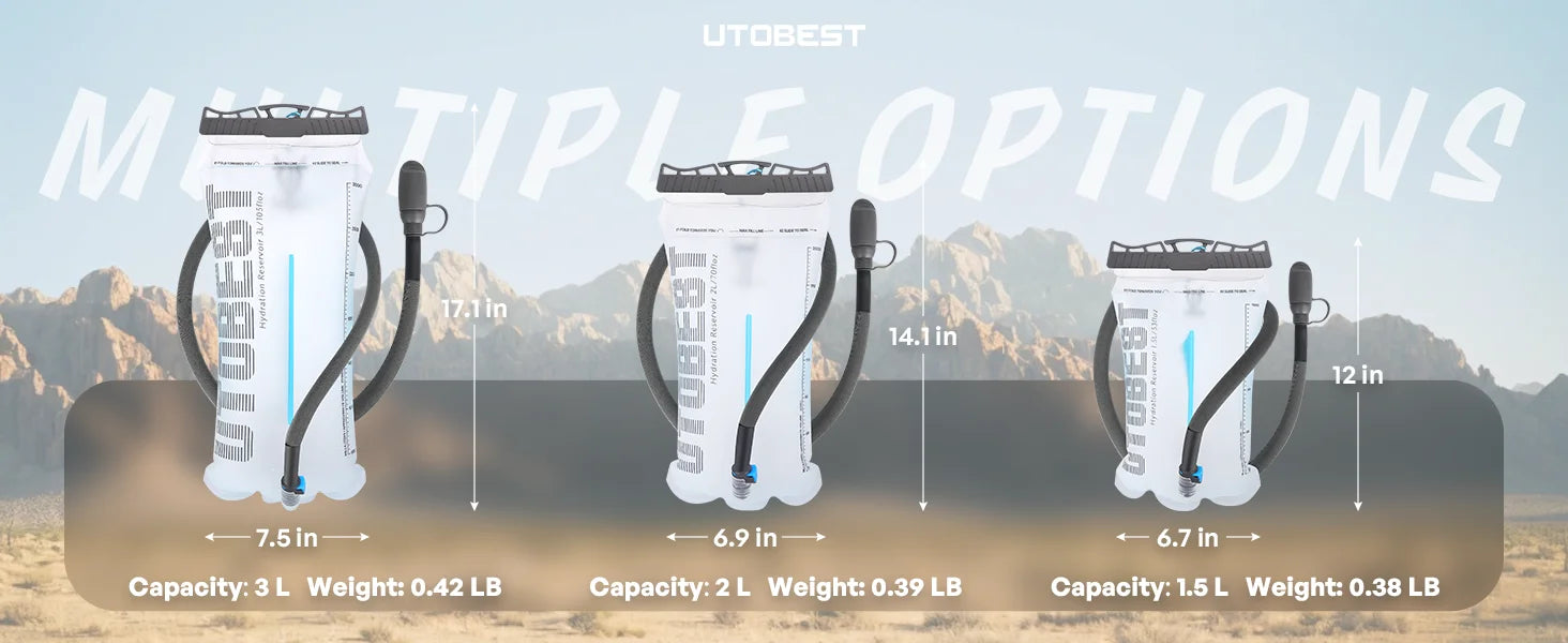 UTOMET water bottles with capacity, weight, and size information displayed on a scenic background.