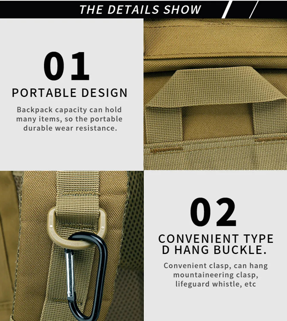 Backpack details with portable design and convenient D hang buckle feature.