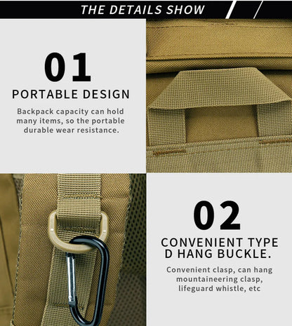 Backpack details with portable design and convenient D hang buckle feature.