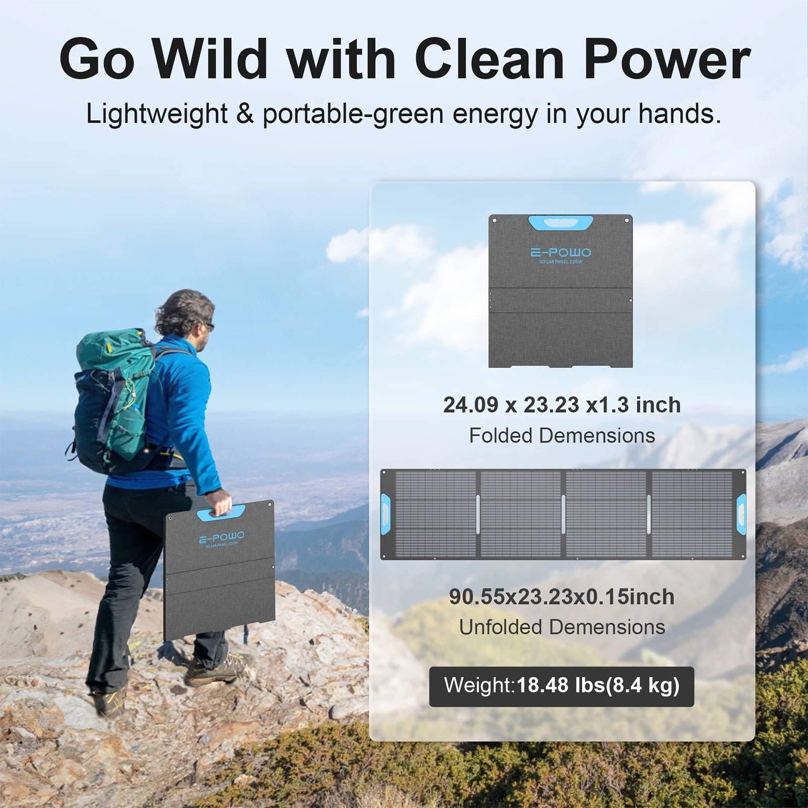 Person with a backpack holding a solar panel on a mountain, with product details displayed.