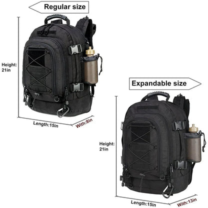 Two tactical backpacks, one regular size and one expandable size, with measurements indicated.
