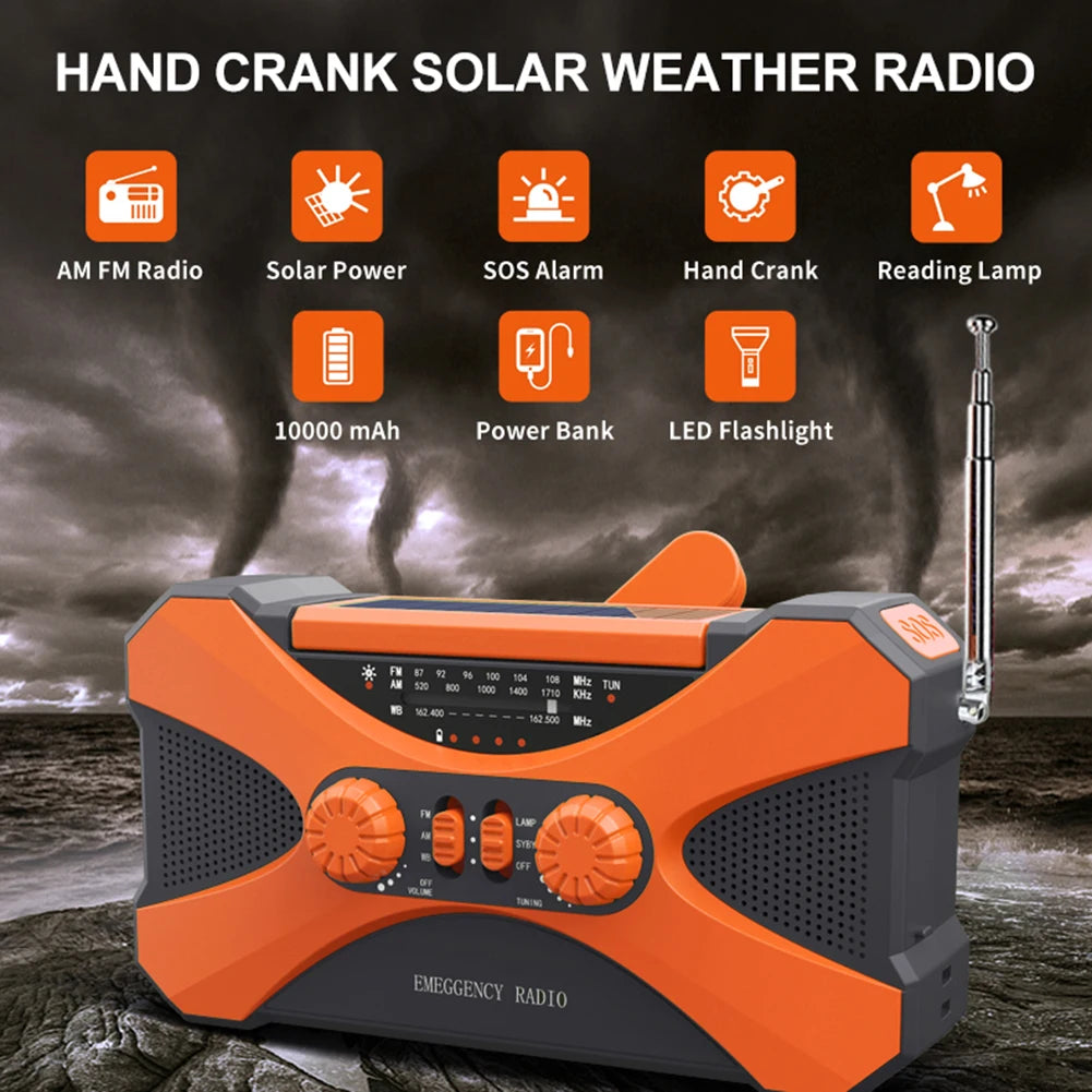 Hand crank solar weather radio with stormy background