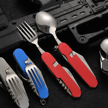Multifunctional tool with fork, spoon, and knife on a black surface