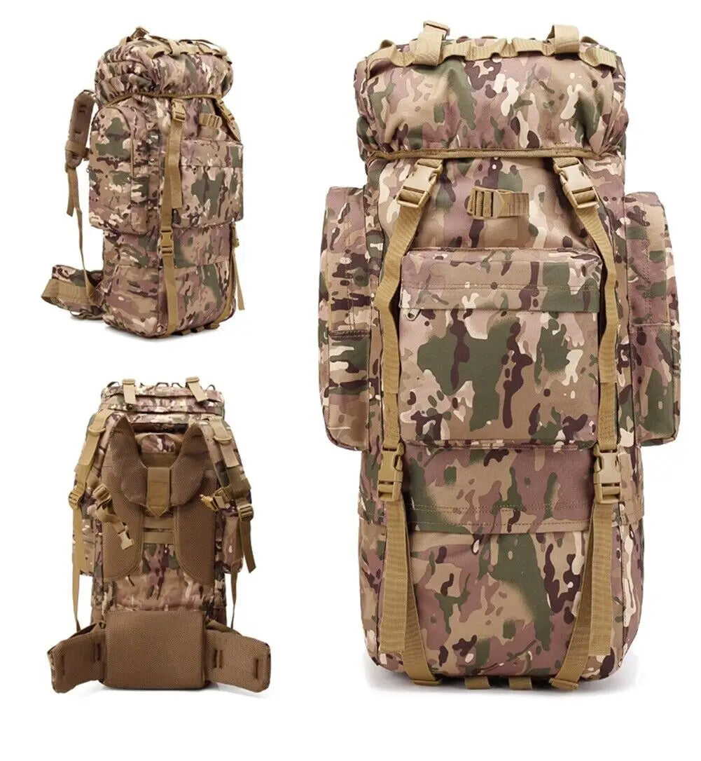 Camouflage backpack shown from multiple angles on a white background