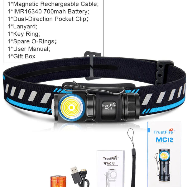 TrustFire MC12 flashlight with accessories on a white background