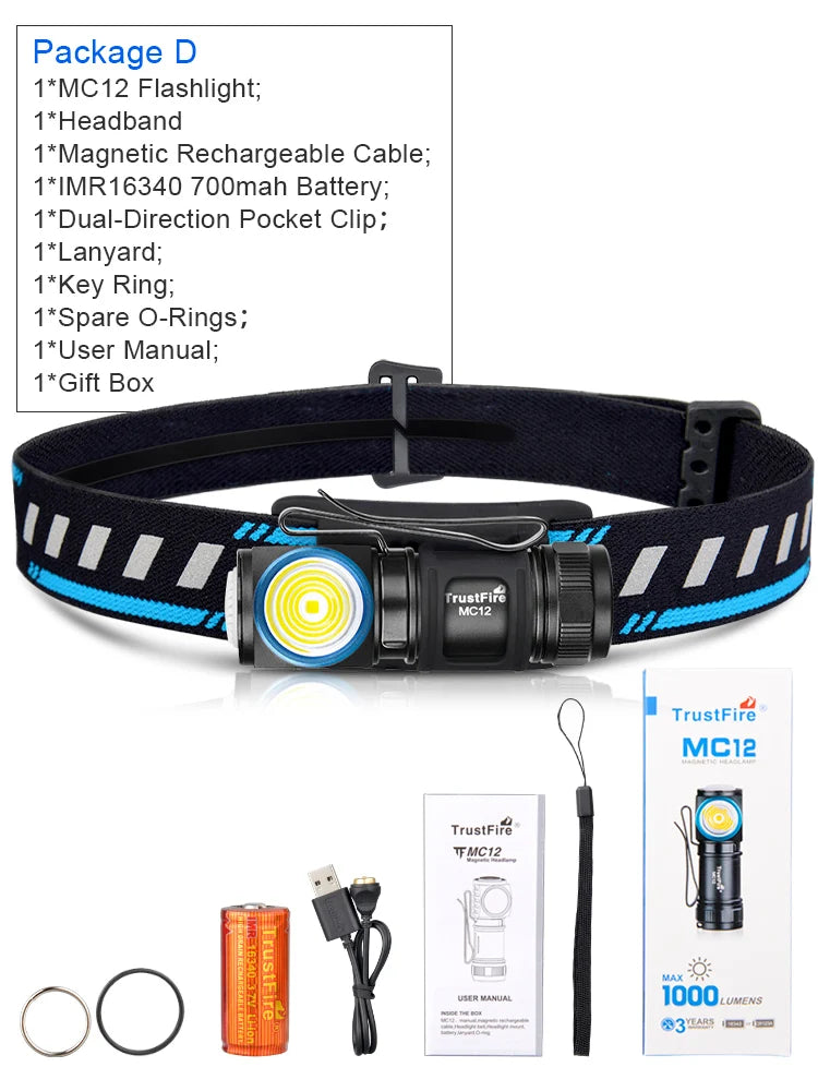 TrustFire MC12 flashlight with accessories on a white background