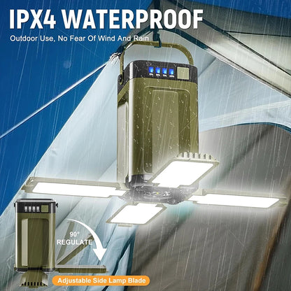 LED light fixture with rain simulation on a blue background, highlighting IPX4 waterproof feature.