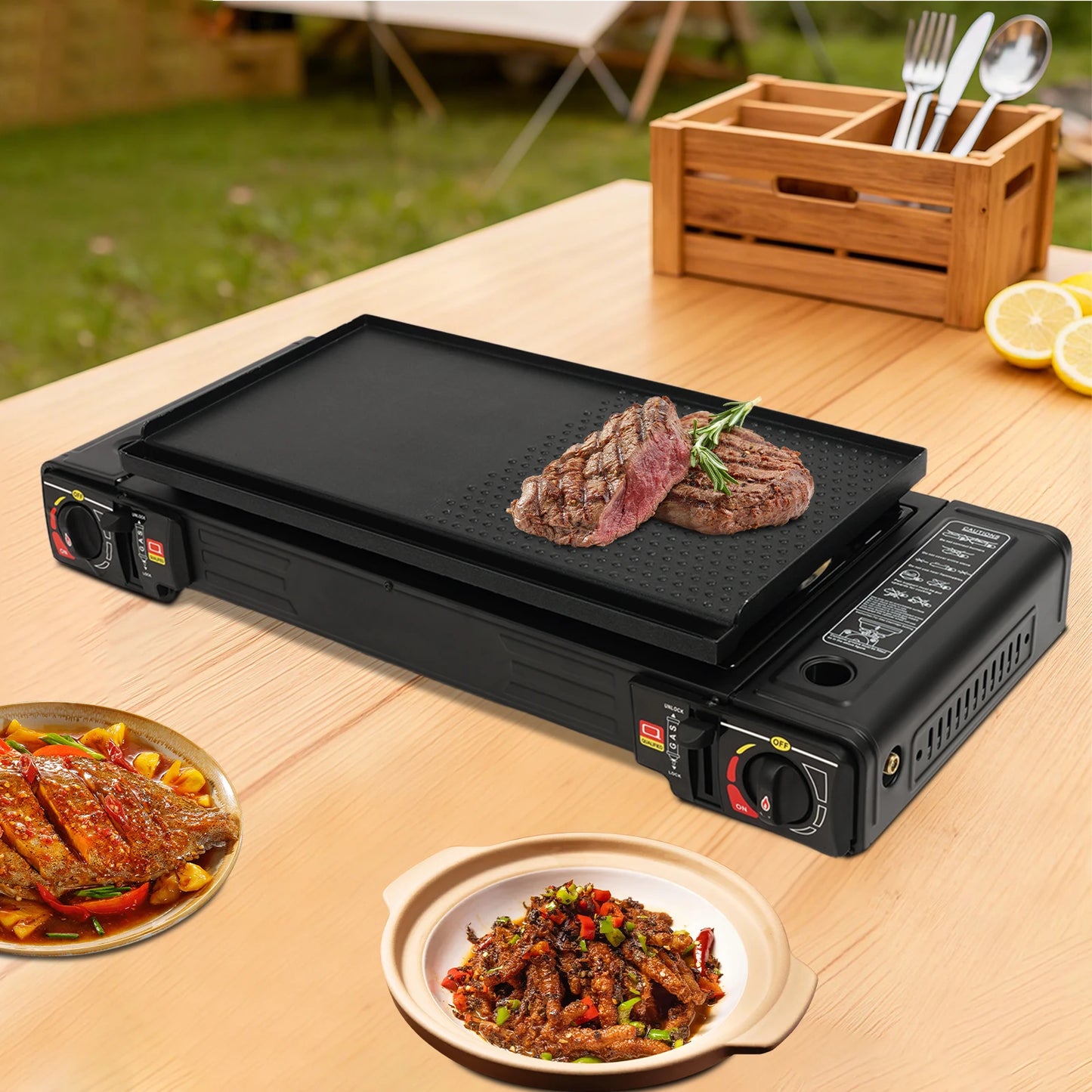 Portable grill with food on a wooden table outdoors