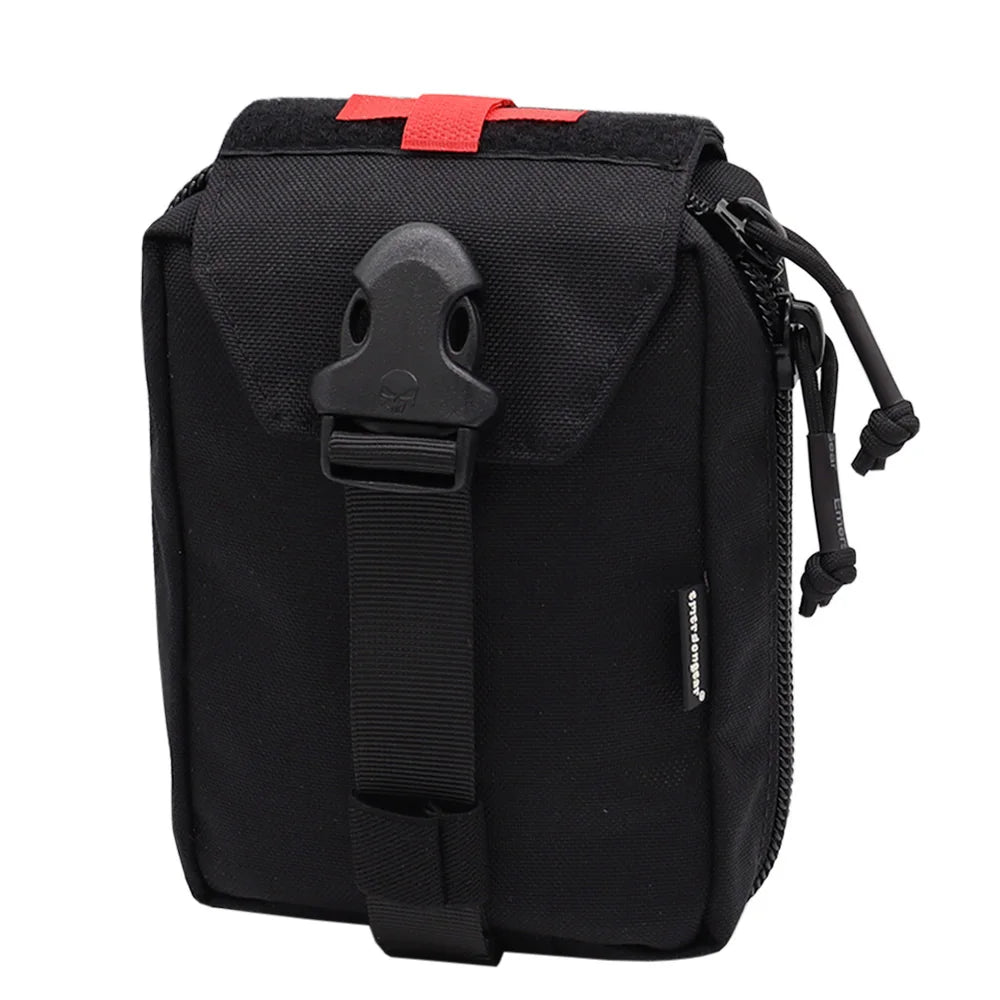 A black tactical utility pouch with a front flap secured by a black plastic quick-release buckle, featuring a red top strap and a black zipper closure, shown on a plain white background.