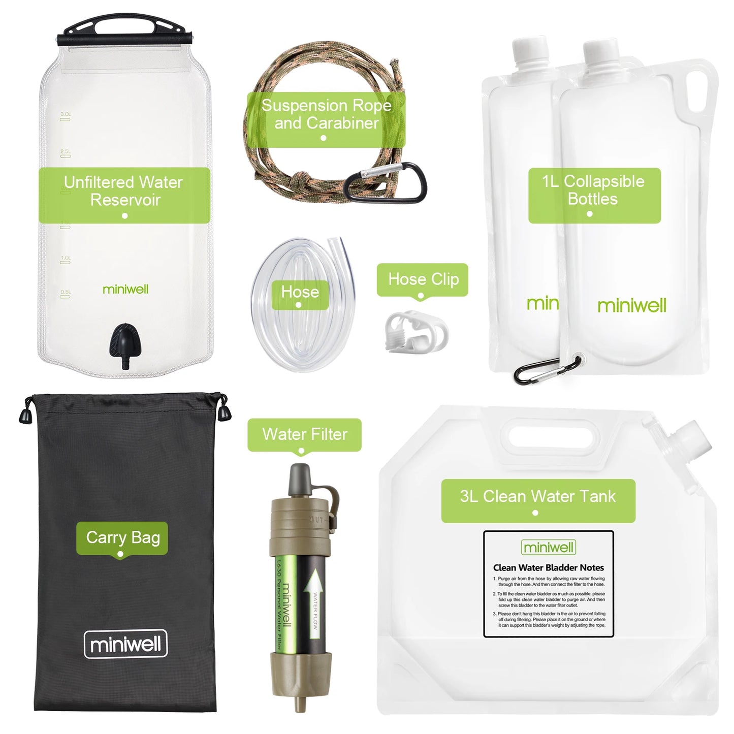 Collection of miniwell water filtration and storage products including a reservoir, bottles, tank, and filter.
