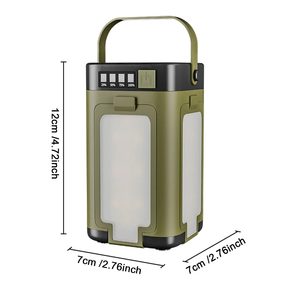 Green camping lantern with dimensions on a white background