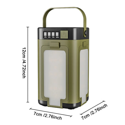 Green camping lantern with dimensions on a white background