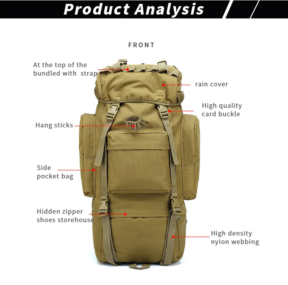 Tan backpack with labeled features on a white background