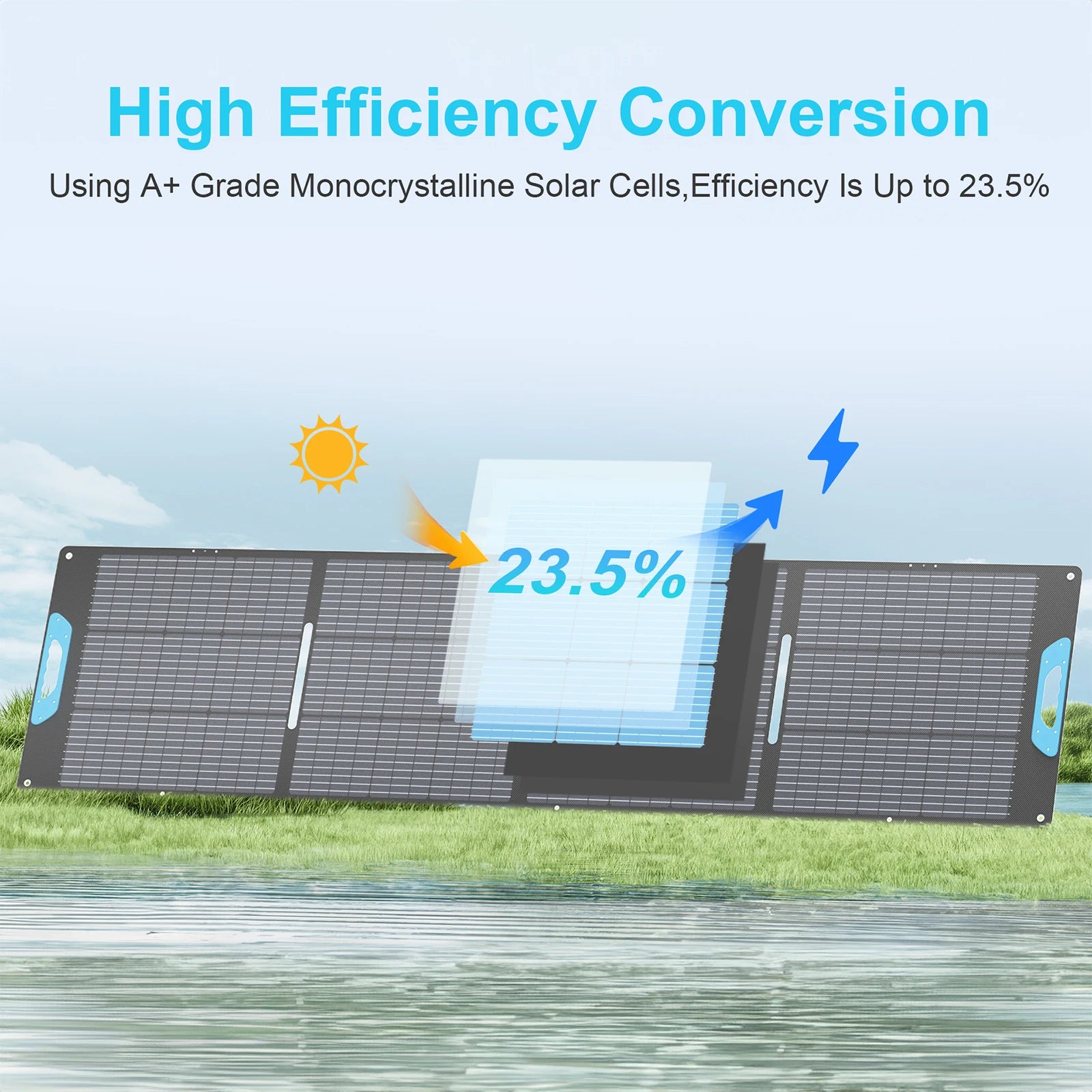 Solar panel with text about high efficiency conversion using A+ grade monocrystalline solar cells.