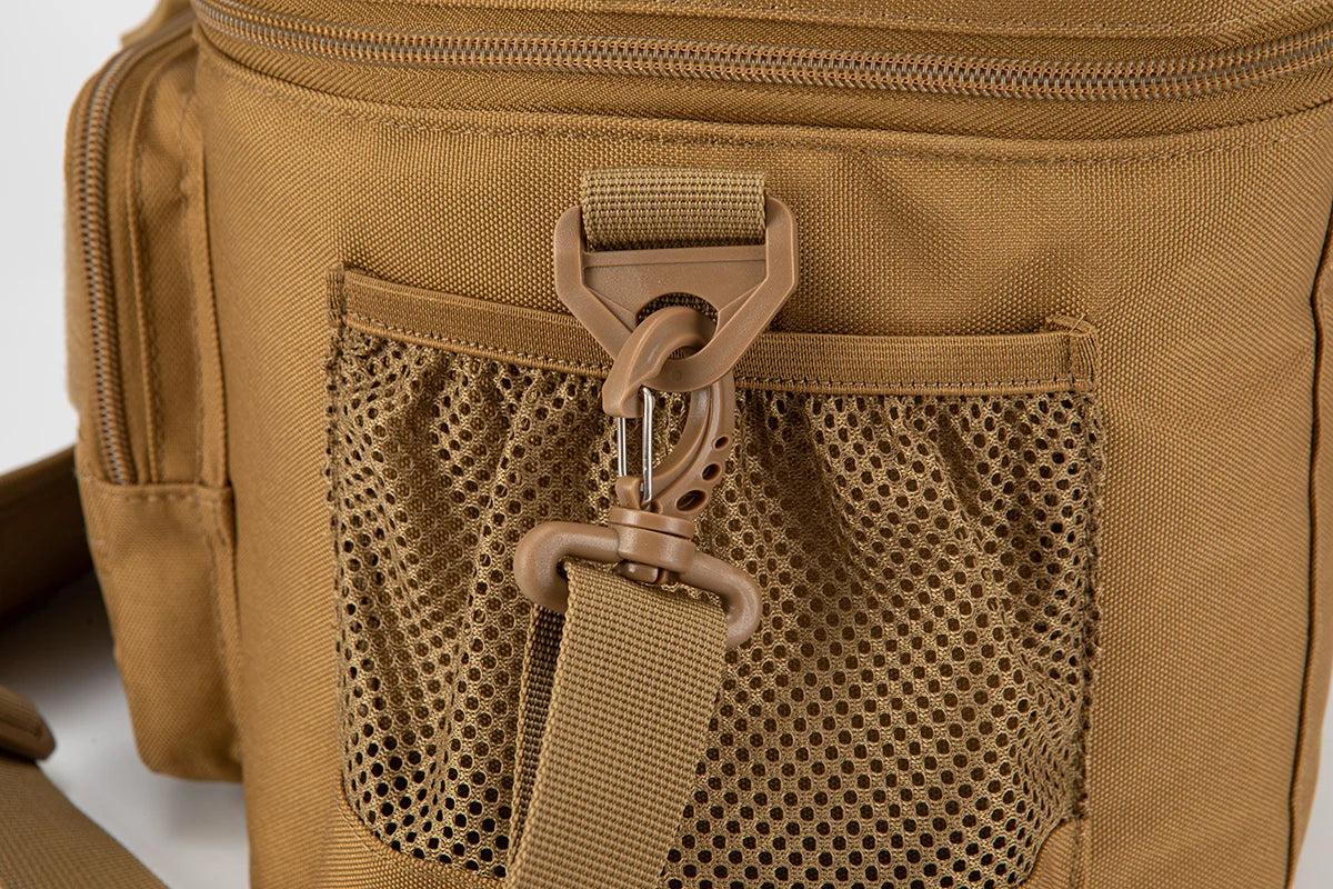 Close-up of a brown tactical bag with mesh pocket and strap